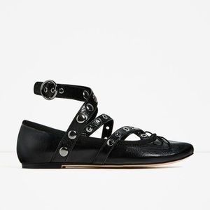 Zara Leather Ballet Strappy Flats size 39 US size 8